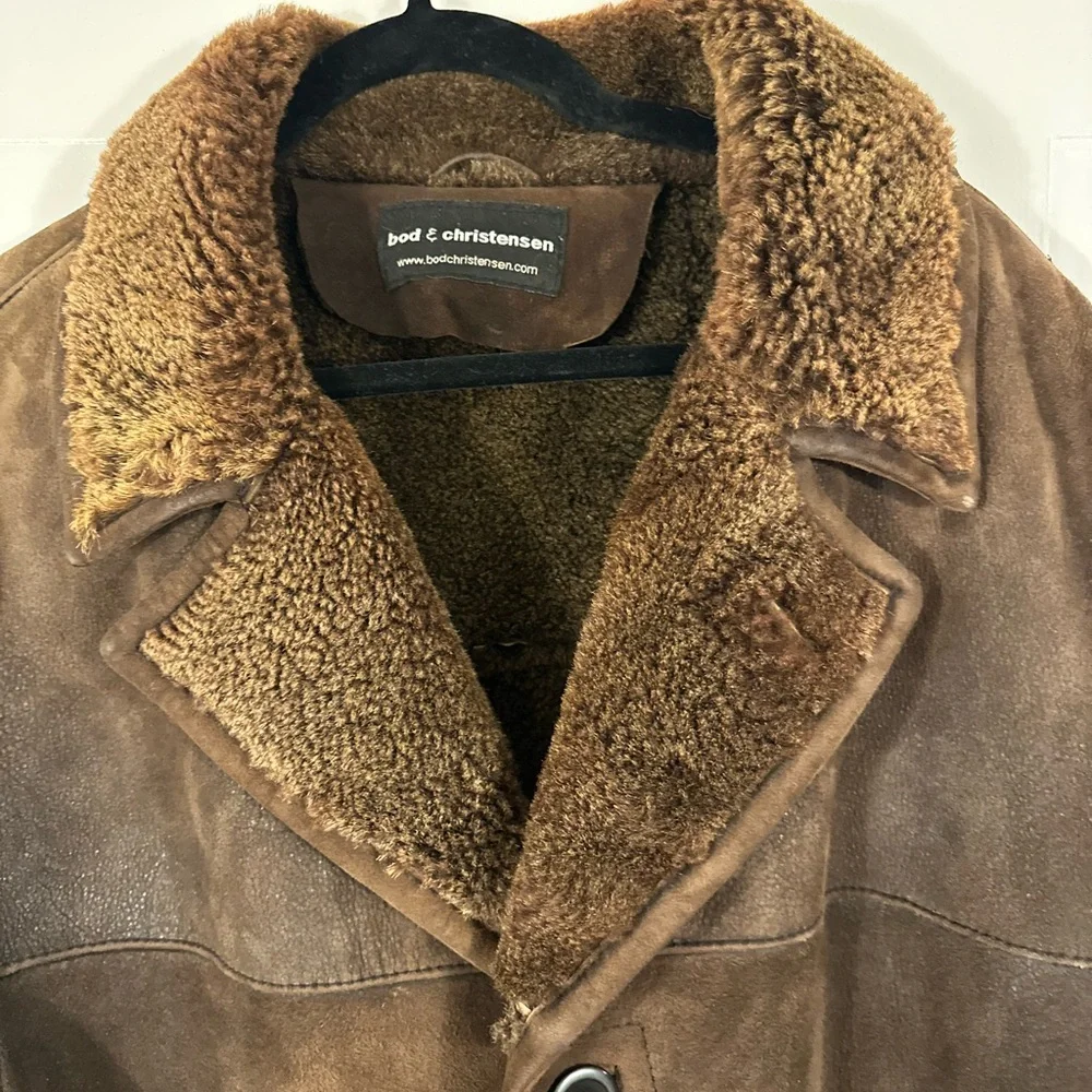 Men's Brown Shearling Pea Coat - Picture 3 of 9